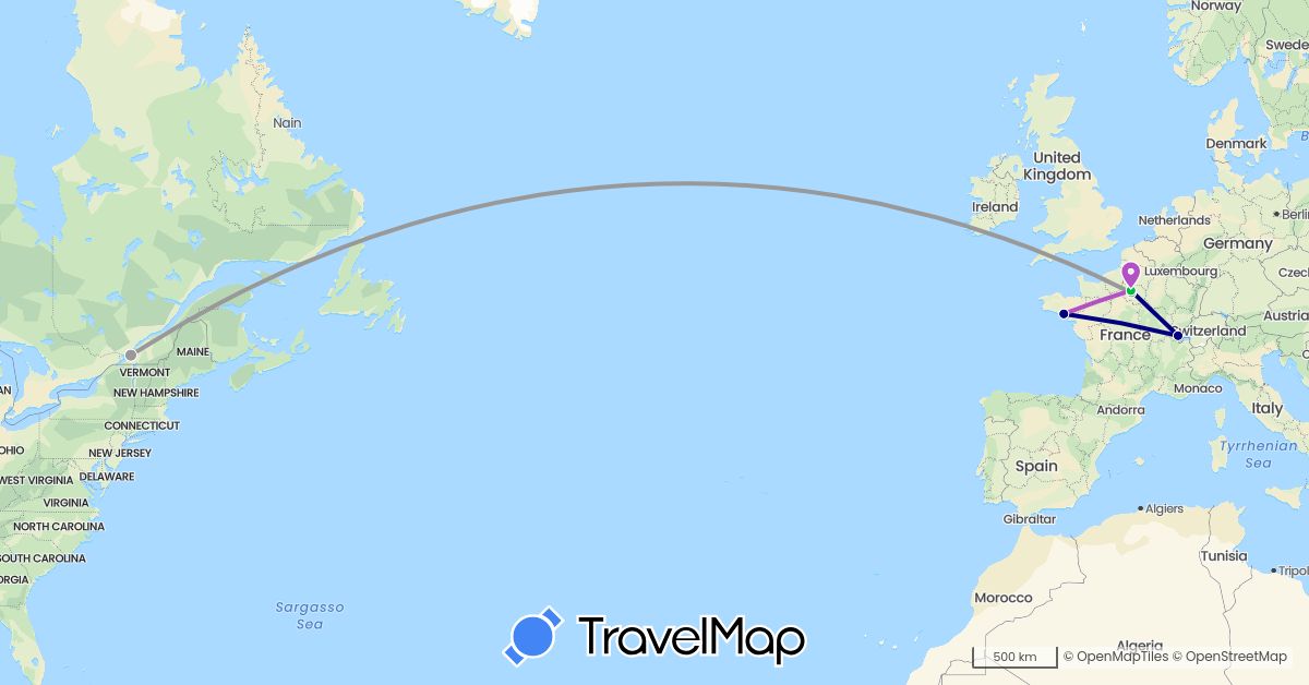 TravelMap itinerary: driving, bus, plane, train in Canada, France (Europe, North America)